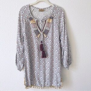Skemo Sequin Beaded Swim Coverup Size XS Tasseled Pom Pom Aztec Resort Bohemian